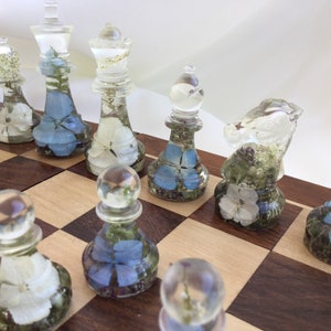 Standard size Resin Chess Set with Flowers,  Chess Pieces, Custom Made, Yellow, White, Purple, Green Fern, Pink, or Red flowers