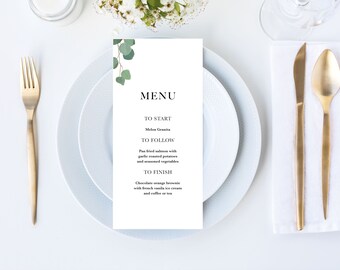 Il modello Eucalyptus Wedding Menu Cards Template, Cancelleria di nozze personalizzata e stampabile, PDF invito di nozze digitale