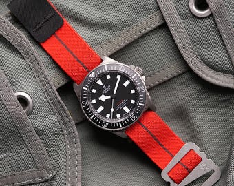 Grappleband Red Charcoal Elastic Watch Band, Cordura Laminate, Stainless Hardware