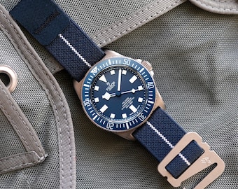 Grappleband Blue White Elastic Watch Strap, Cordura Laminate, Stainless Hardware