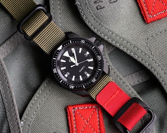 Hawkrigger Field Strap, Green Red, Nylon, Watch Strap, Black PVD, Stainless Hardware