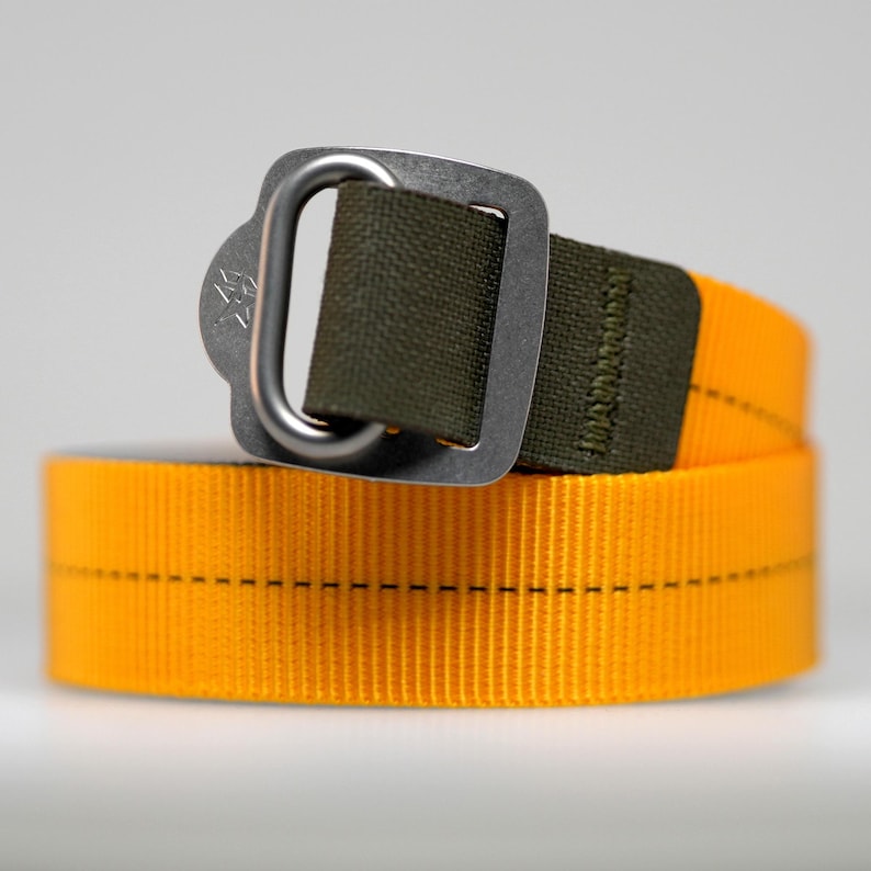 May include: A yellow and olive green woven belt with a silver buckle. The buckle has a small logo on it.