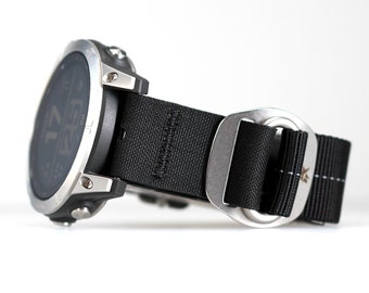 Garmin Ready Watch Strap, 2 Piece Configuration, Open Sensor, Black Military Webbing, Stainless Steel Hardware