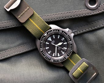 Riggerband M2, Watch Strap, 'Vintage' Green Yellow, Elastic Parachute Webbing, Stainless Hardware