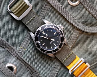 Pulseira de relógio Hawkrigger Airborne O-Rig de 2 peças, amarela/verde-exército, linha estática, estilo paraquedas, correia militar