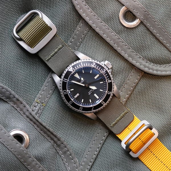 Hawkrigger Airborne, 2 Piece, Yellow/Green Watch Strap: Military Parachute Style, Stainless Hardware