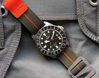 Grappleband Green Orange Elastic Watch Band, Cordura Laminate, Stainless Hardware