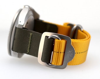 Airborne O-Rig [version 2] 2 Piece Watch Strap Yellow/Army Green, Static Line Parachute Style Military Webbing