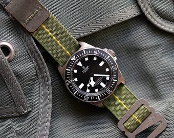 Grappleband, 'Vintage' Green Yellow, Cordura Elastic, Watch Strap, Stainless Hardware