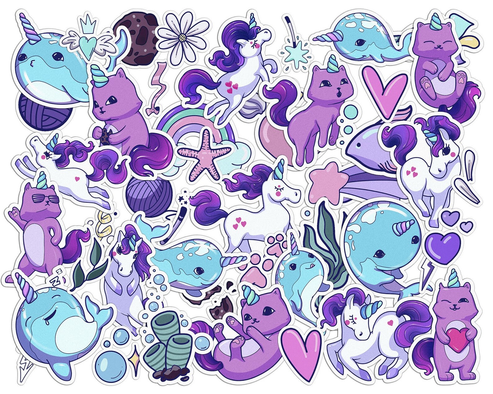 48 pcs cartoon animals aesthetic stickers magical unicorns