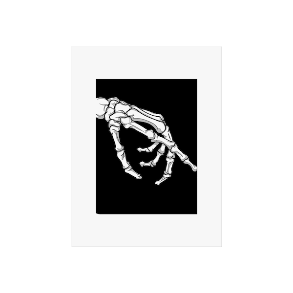Dark Gothic Skeleton Hand Art Print: Detailed Linework, Macabre Black Background, Tattoo Style Illustration of Reaching Bones