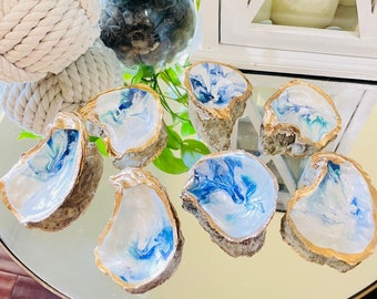 Hand Painted Oyster Shell Ring Dish: Gold Gilded Coastal Decor