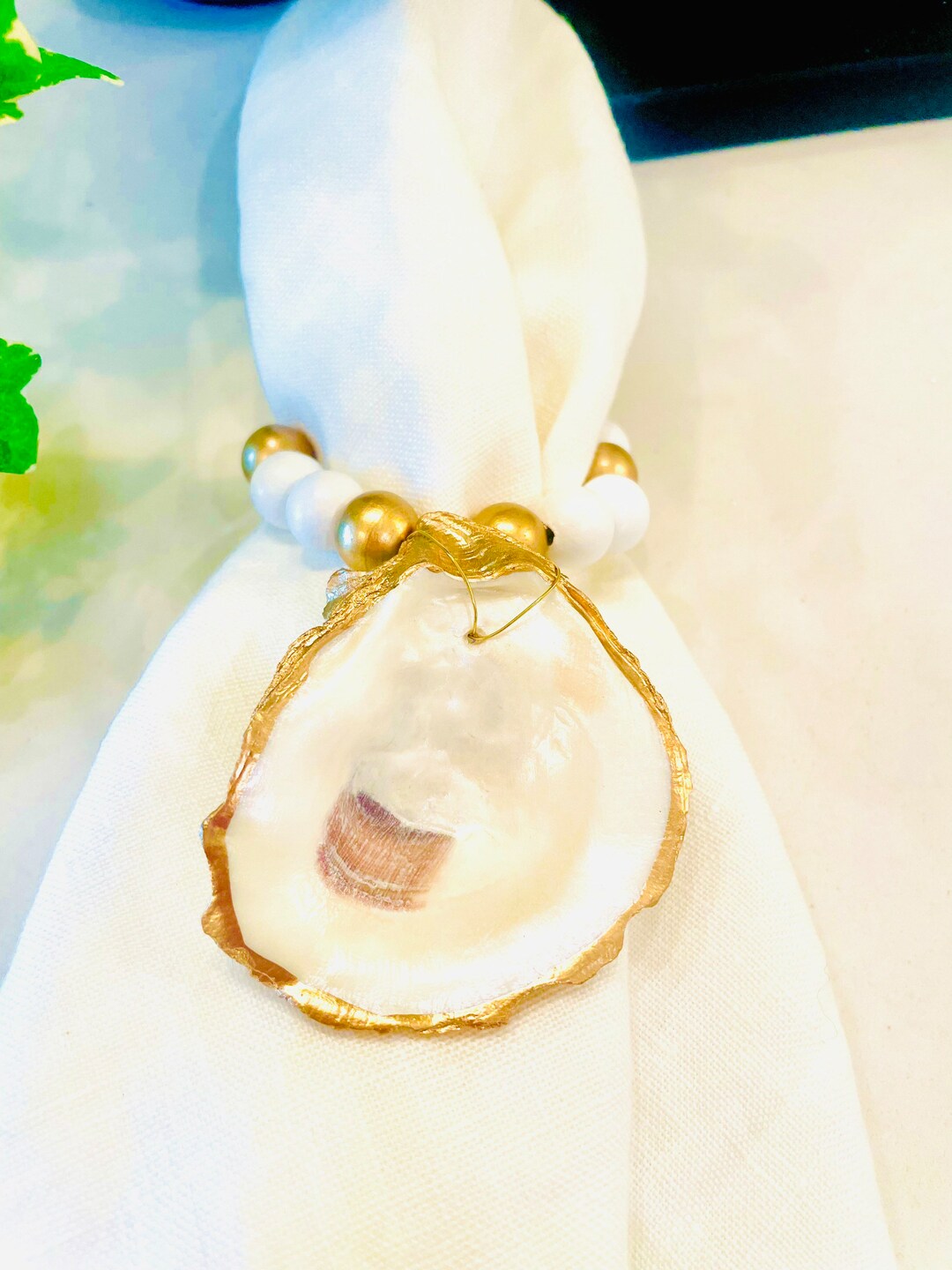 Oyster Shell Napkin Ring, Wood Bead Napkin Ring, Shell Napkin Ring ...