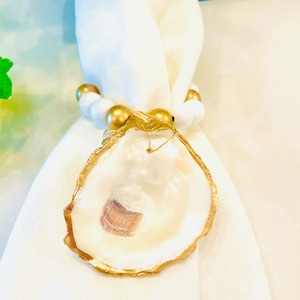 Oyster Shell Napkin Ring, Wood Bead Napkin Ring, Shell Napkin Ring, Coastal Decor, Napkin Rings