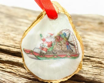 Santa on an airboat Oyster Shell Ornament: Cajun Christmas, Bayou Christmas
