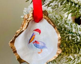 Pelican Christmas Ornament:  Oyster Shell, Pelican with Santa Hat, Christmas Ornament
