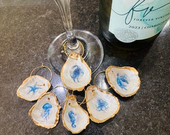 Oyster Shell Wine Charms, Coastal Wine Charms, Beach House, Vacation Gift