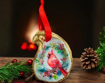 Cardinal Oyster Shell Ornament: Christmas Holiday Decor