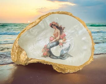Mermaid Oyster Shell Trinket Dish: Mermaid Jewelry Dish, Mermaid Art, Mermaid Shell