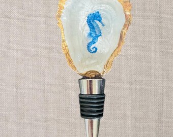 Oyster Shell Wine Bottle Stopper, Seahorse Art, House Warming, Gifts, Favors