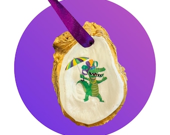 Mardi Gras Alligator Oyster Shell Ornament: Mardi Gras Ornament, Oyster Ornament, Mardi Gras