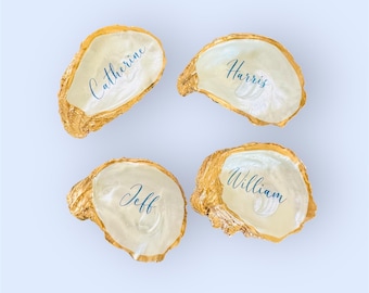 Oyster Shell Place Cards: Seaside Wedding Decor, Dark Blue Font