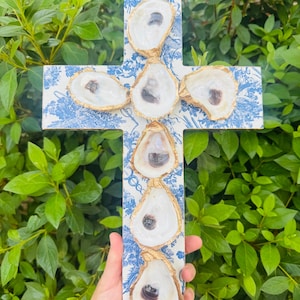 Oyster Shell Cross: Gold Gilded Toile Decoupage, Coastal Wall Art