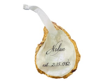 Personalized Oyster Shell Anniversary Ornament: Gold Leaf Keepsake