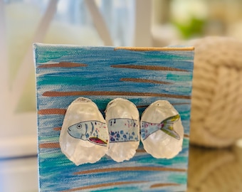Oyster Art,  Oyster with Colorful Fish, Coastal Decor, Triptych Art
