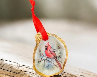 Cardinal Oyster Shell Ornament: Christmas Holiday Decor