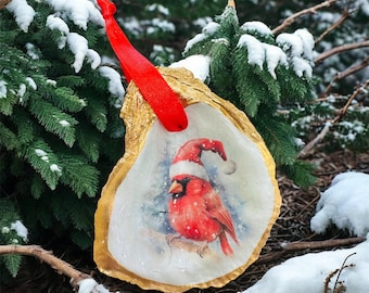 Cardinal Oyster Shell Ornament: Christmas Holiday Decor