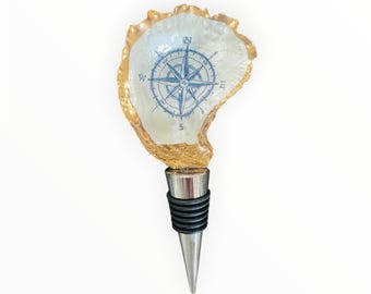 Oyster Shell Wine Bottle Stopper, Compass Art, House Warming, Gifts, Favors