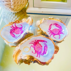 Vide-poche en coquille d&#39;huître, coquille d&#39;huître découpée, porte-bijoux, crabe rose, huîtres, huître dorée, art d&#39;huîtres, art de crabe