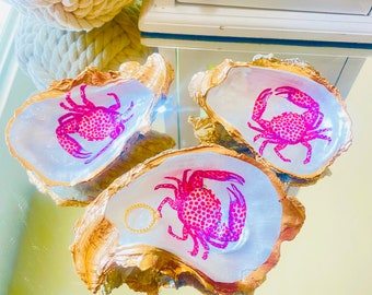 Oyster Shell Trinket Dish, Decoupaged Oyster Shell, Jewelry Dish , Pink Crab, Oysters, Gilded Oyster, Oyster Art, Crab Art