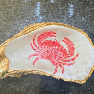 Oyster Shell Trinket Dish, Decoupaged Oyster Shell, Jewelry Dish , Red Crab, Oysters, Gilded Oyster, Oyster Art, Crab Art