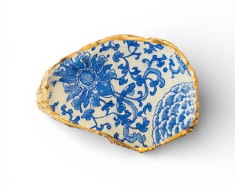 Blue and White Oyster Shell Ring Dish: Indigo Graden Jewelry Trinket Dish