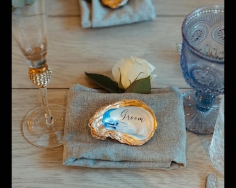 Hand-Painted Oyster Shell Place Cards: Coastal Wedding Favors, Gilded Edge