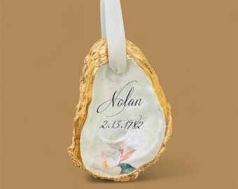 Personalized Oyster Shell Anniversary Ornament: Hand-Painted Magnolia Keepsake