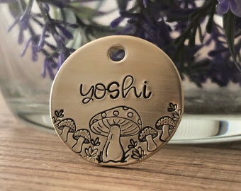 Mushroom 1” Pet ID Tag, Mushroom Dog Tag, Mushroom Cat Tag, Handstamped Dog Tag