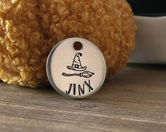 MINI Witch 7/8” Pet ID Tag, Fall Cat Tag, Halloween Cat Tag, Mini Dog Tag, Halloween, Handstamped