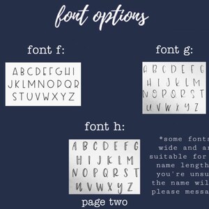 May include: Image displaying font options for personalized items. Three font styles (f, g, and h) are shown with the alphabet in each. Text on the image advises on font suitability for longer names and encourages messaging for inquiries. The background is a dark blue.