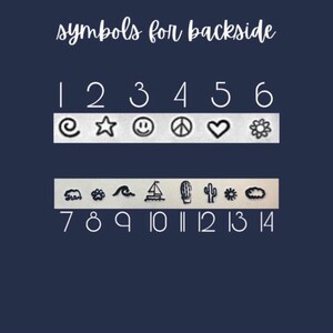 May include: Image showing a selection of symbols for the backside of a product. The symbols include a swirl, star, smiley face, peace sign, heart, flower, bear, paw print, wave, sailboat, cactus, and cloud.