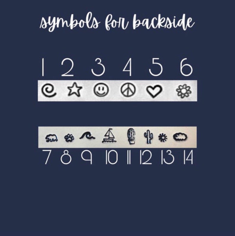 May include: Image showing a selection of symbols for the backside of a product. The symbols include a swirl, star, smiley face, peace sign, heart, flower, bear, paw print, wave, sailboat, cactus, and cloud.