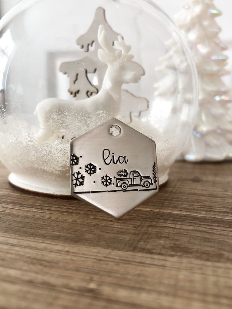 Tree Harvest 1 Hexagon Pet ID Tag, Holiday Pet Tag, Winter Dog Tag, Dog Tag, Cat Tag, Christmas Dog Tag, Customizable Pet Tag, Holiday image 1