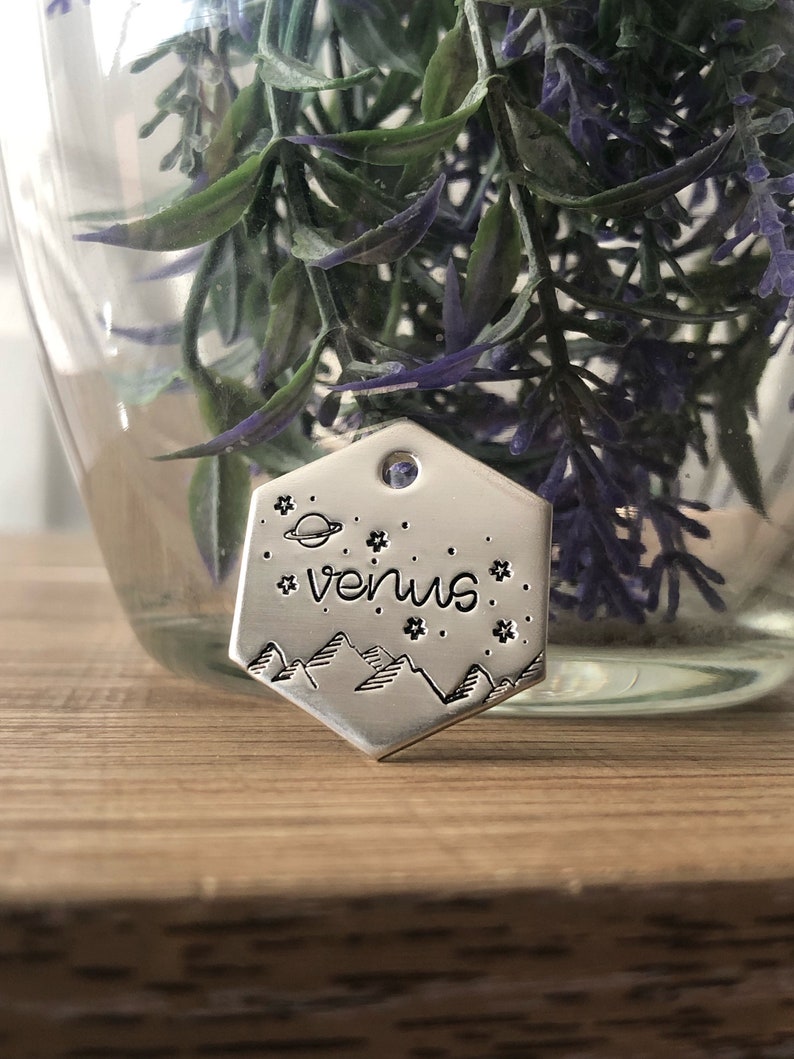 May include: A silver metal tag with the word "Venus" in script, a planet, mountains, and stars. The tag is hexagonal with a hole at the top. The background includes a glass vase with purple and green plants.