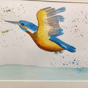 Kingfisher in flight watercolour painting, gift for her, nature lover. Unique A4 original painting, bird wall art