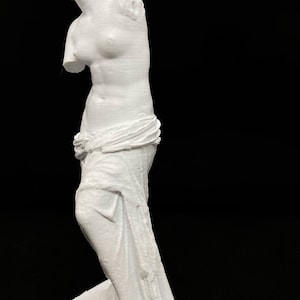 May include: A white 3D printed statue of the Venus de Milo, a famous Greek sculpture. The statue is missing its arms and is standing on a white base.
