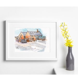 May include: Watercolour painting of a building with a car parked in front. The building is a light orange colour with a blue roof. The car is a dark grey colour. The painting is done in a loose style with visible brushstrokes.