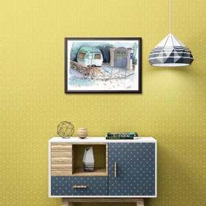May include: A watercolour illustration of a green camper van parked in front of a building with a sign that reads "Henriette's Bakery". A bicycle is parked next to the camper van.