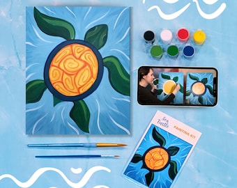May include: A sea turtle painting kit with a blue and yellow sea turtle on a blue background. The kit includes a canvas, paint, and brushes. The kit also includes a video tutorial on how to paint the sea turtle.